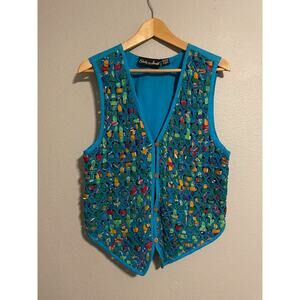 Vintage Womens Vest Small Colorful Patchwork Woven Textured Artsy Boho 90s READ